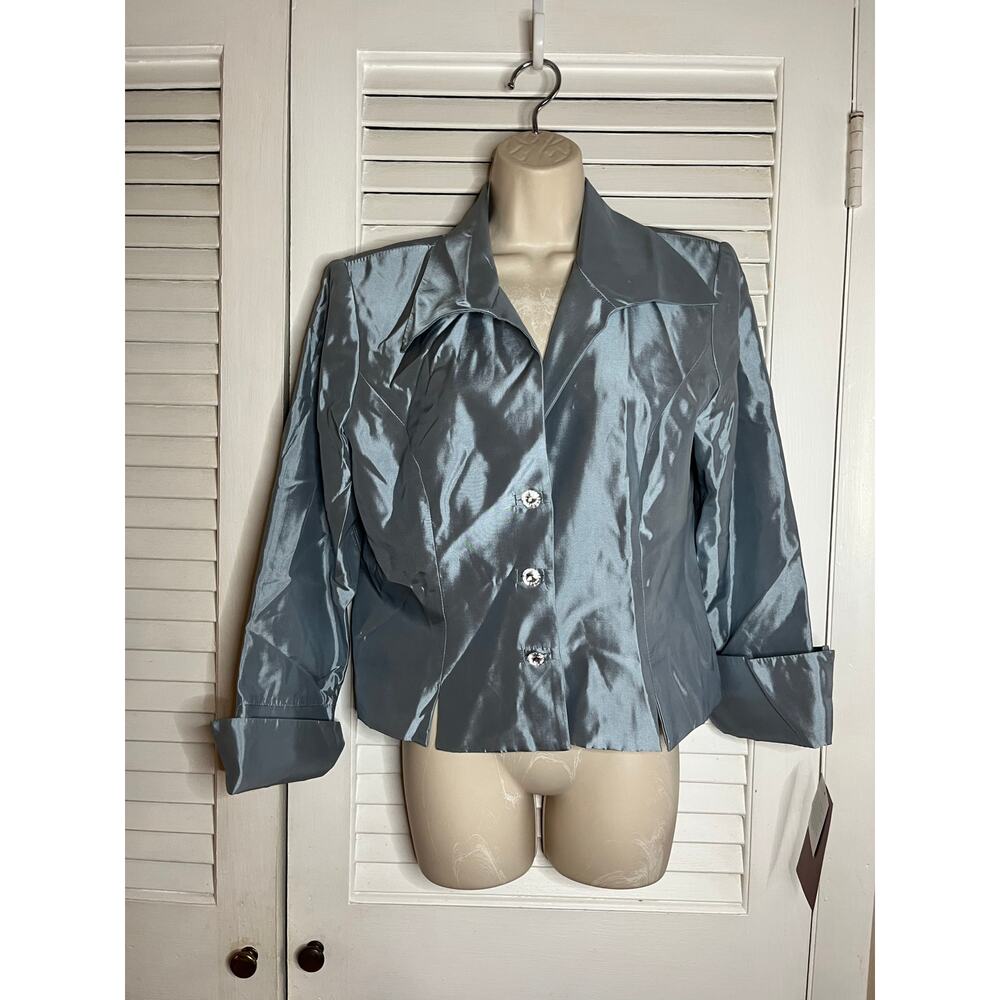 Vintage‎ JS Collections tiffany blue formal satin jacketrhinestone button 14 NWT
